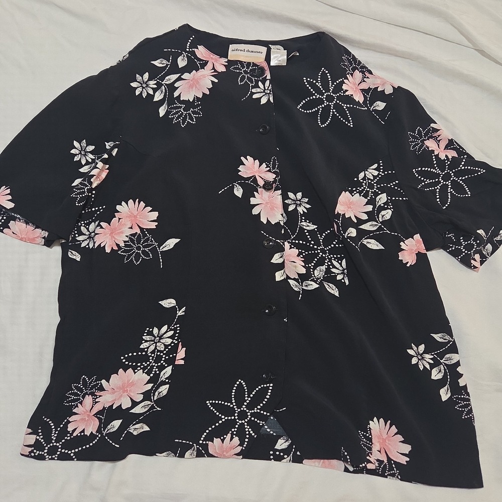 Alfred Dunner Womens 16W Black Pink Floral Button Front V-Neck Short Sleeve Blou